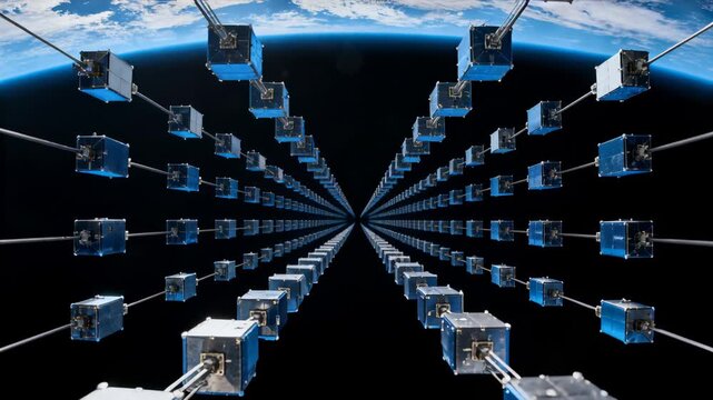 Starting vehicle cam moving surveying CubeSat array on booms advancing centerward above Earth limb