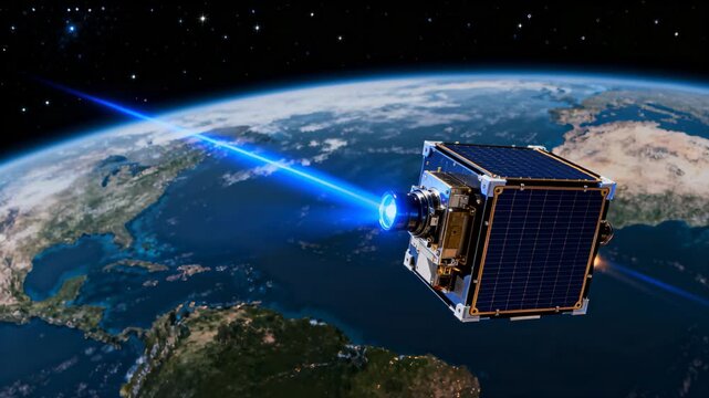 CubeSat emitting blue beam toward Caribbean, after command and running downlink test for satcom