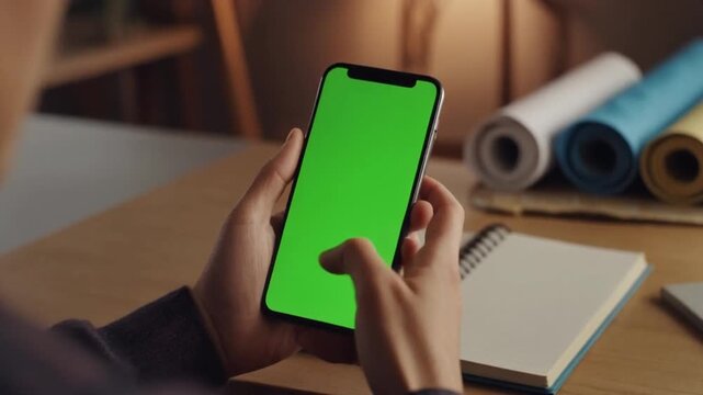 A person holding a phone with a green screen at a desk with notebooks and rolls of colored paper in the background, possibly for advertising or tech-related use