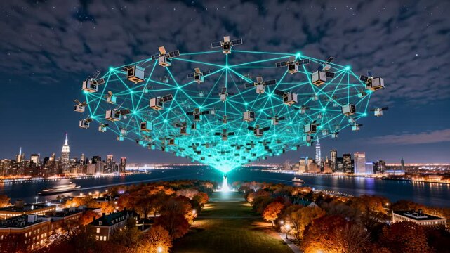 Satellite lattice hanging over river park pulsing glow channeling beam toward person powering tech