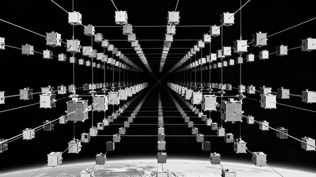 Moving camera pushing toward centered CubeSat lattice over Earth, revealing depth, tethers, panels