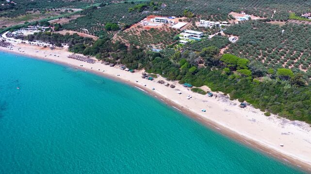 Aerial view of the beautiful Navarino Coast, Messinia, Greece, with Chrysi Akti beach and Olive tree farms