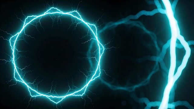 Primary cyan electric ring pulsing in dark void, arcing sparks initiating twin bolts for tech demo