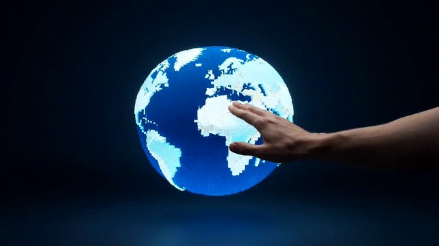 A human hand interacts with a glowing digital globe representing technological global communication.