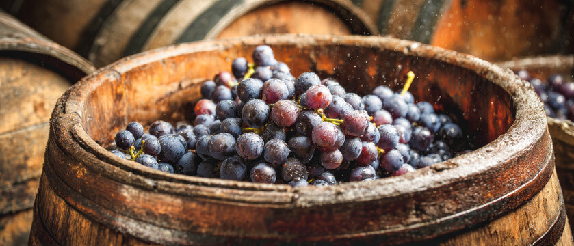 Purple grapes are pressed in a wooden container at a French winery with oak barrels in the background. The scene captures the process of wine making