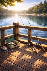 Fototapeta premium A semi-realistic 3D scene of a wooden fishing dock with fishing rods leaning against a railing and a small tackle box nearby. With wood plank textures, metallic reel reflections, and calm water