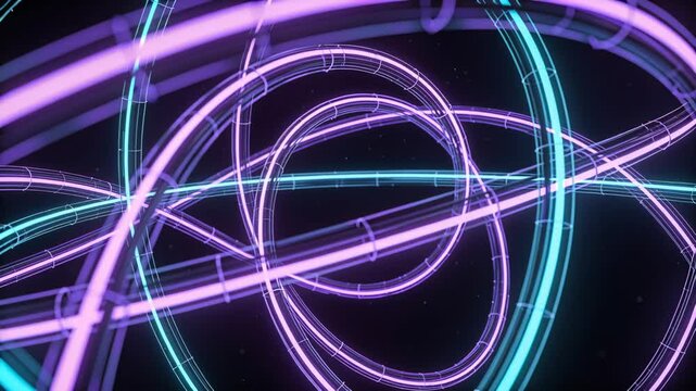 Rotating neon loops weaving in 3D void as frames advance, showing cyan band and wireframe