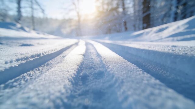 Tracking low camera moving toward sun on forest trail showing parallel tire tracks, snow and glare