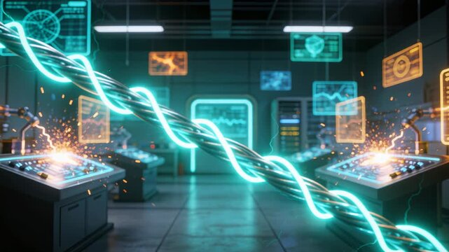 Pulsing braided cyan energy strand crossing lab diagonally, sparking angled consoles and holograms