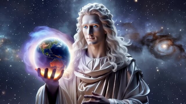 Serene Angel Holding Earth Globe in Space with Galaxies
