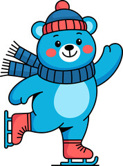 Obraz premium Cartoon blue bear ice skating winter sports cheerful character design