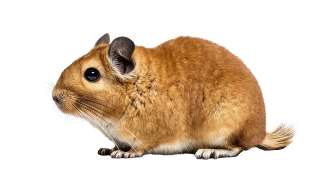 Adorable small furry rodent with fluffy brown fur, studio shot captured in profile