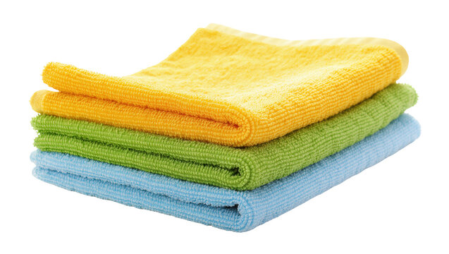 Colorful stack of soft microfiber cleaning cloths for home, kitchen, and bathroom chores