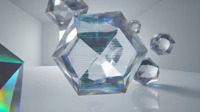 Geometric crystal shapes floating in a minimalist white space with light reflections