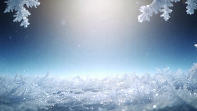 Sparkling ground frost and frosted pine branches glowing under diffuse sunlight with snow drifting