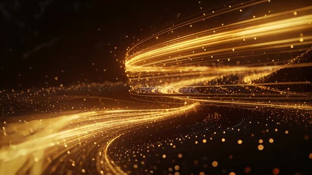 Golden ribbons sweeping into spiral while camera advancing, particles gathering for tech demo