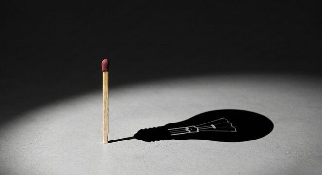 Matchstick casting light bulb shadow as a metaphor for big ideas