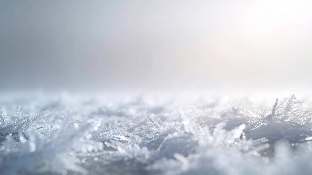 Shifting camera focus showing feathery frost crystals on cold flat surface while sunlight sparkling