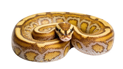 Fototapeta premium Vibrant yellow and brown ball python coiled, showcasing beautiful intricate patterns