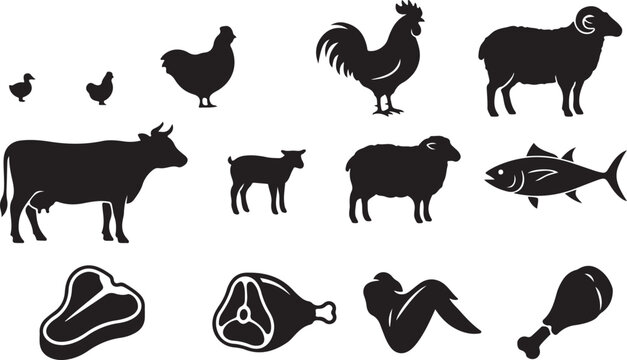 Collection of animal silhouettes for meat and food, including livestock and fish, chicken wing