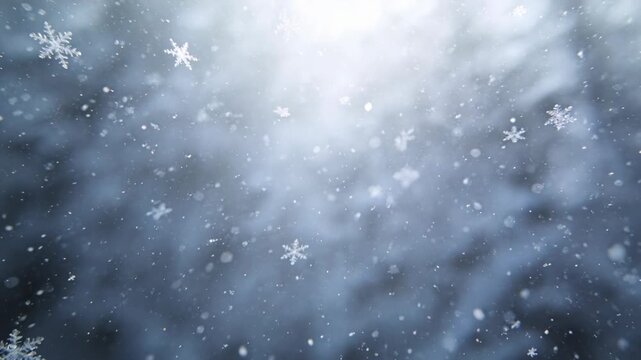 Near hexagon snow crystals drifting down as wind focus shift creating winter backdrop for creators