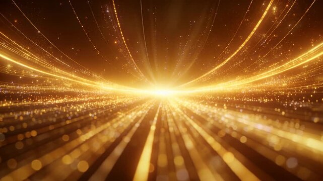 Moving gold lines and arches rushing toward center in studio as glow rising, forming sparks tunnel