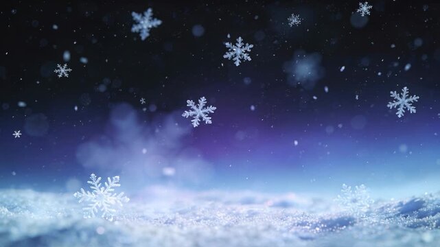 Breeze stirring six-point flakes drifting over shiny snowfield creating seasonal design backdrop