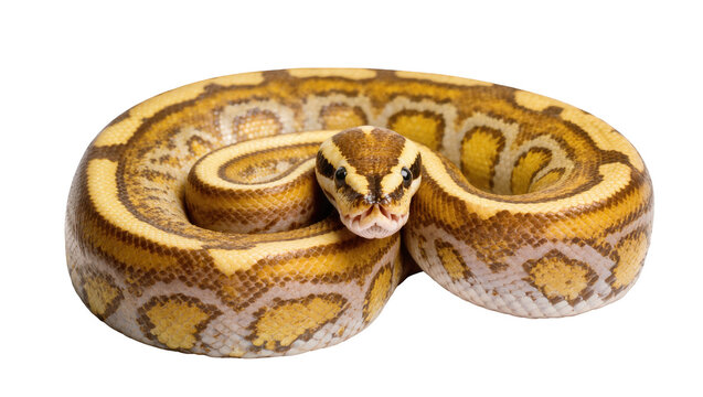 Vibrant yellow and brown ball python coiled, showcasing beautiful intricate patterns
