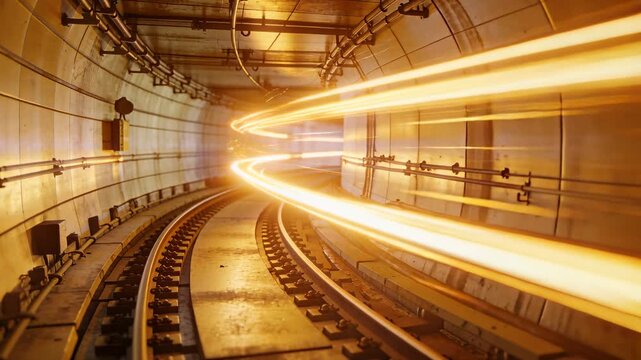 Passing train entering curved subway tunnel, light ribbon moving along rails, revealing conduits