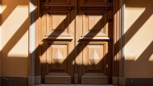 Pulling back camera revealing carved wooden double door in stone frame, keyhole and sliding shadows