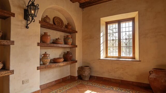 Starting camera panning right through Spanish room, revealing pottery shelves, urns and lit window