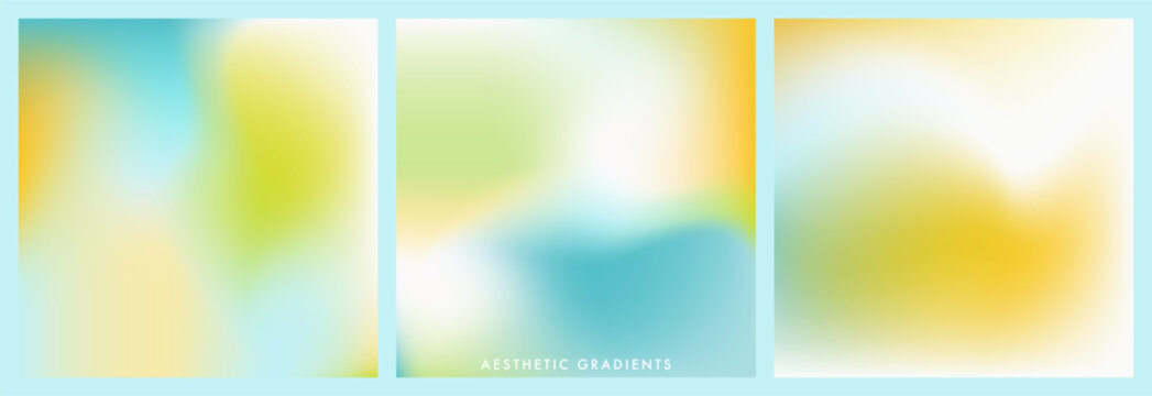 Soft pastel gradient backgrounds in blue, yellow and spring green colors with airy blurry texture. Fresh seasonal abstract backdrops for social media posts, covers, banners, posters and modern design