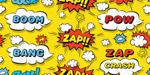 Colorful comic book explosion pattern with onomatopoeic words © Rubel