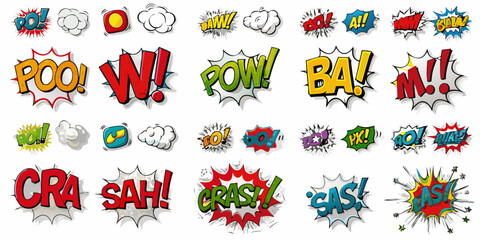 Collection of colorful comic book speech bubbles and sound effects © Rubel