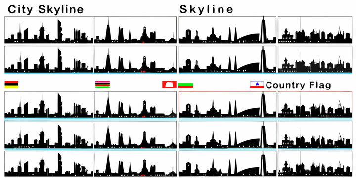 Collage of international city skylines in black silhouette style