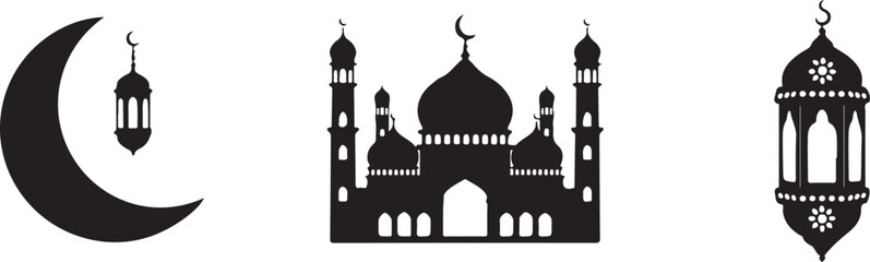 Ramadan Kareem Mosque Crescent Moon and Lantern IconsIslamic Eid Mubarak Symbols Silhouette SetMuslim Prayer Mosque and Fanous Lantern Vector