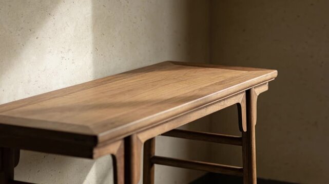 Sunlight shifting across wooden console table in interior design shot, highlighting grain texture