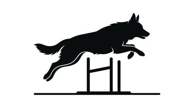 Dynamic black silhouette of a dog jumping over an agility obstacle during training, showcasing athleticism, focus, and canine sportsmanship.