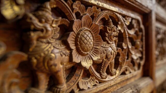 Camera approaching carved panel, showing medallion, guardian, gold leaf, marks for heritage study