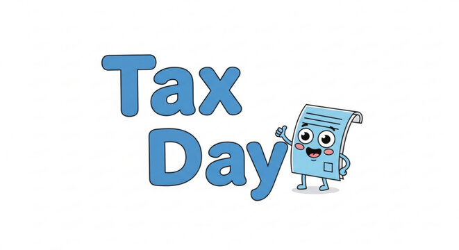 A cartoon tax document character with a smiling face and the words 'Tax Day' in bold blue letters on a white background.