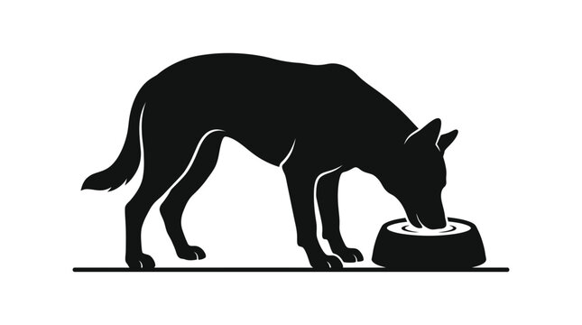 A black silhouette of a dog drinking water from a bowl, illustrating thirst and basic pet care needs in a simple vector art style.