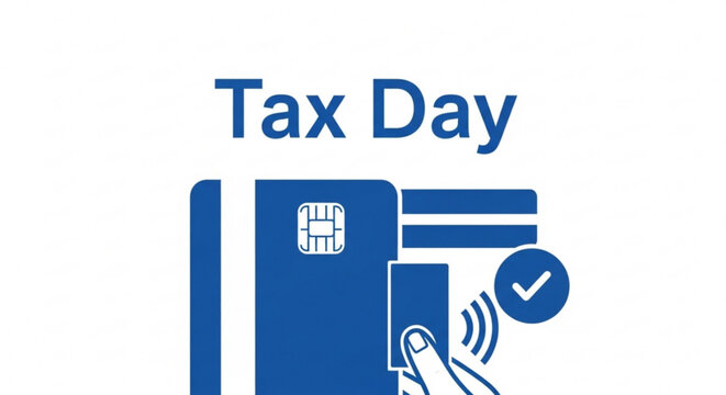A blue vector graphic illustration of a credit card and hand for Tax Day