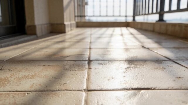 Sunlight shifting, camera panning across balcony tiles, highlighting grout lines for property promo