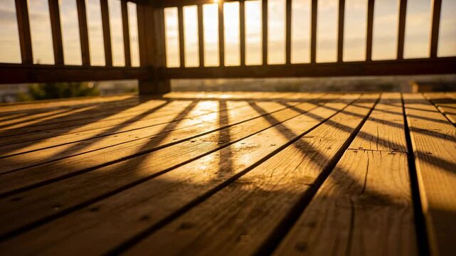 Shifting sunlight casting railing shadows across wooden deck during sunset as thin cloud passes