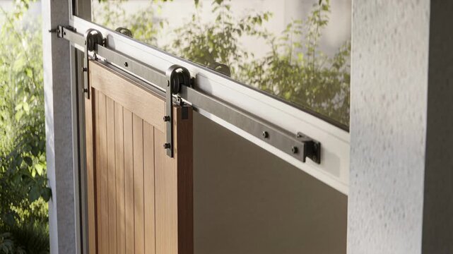 Sliding wooden panel gliding left along patio rail, top rollers engaging, revealing foliage