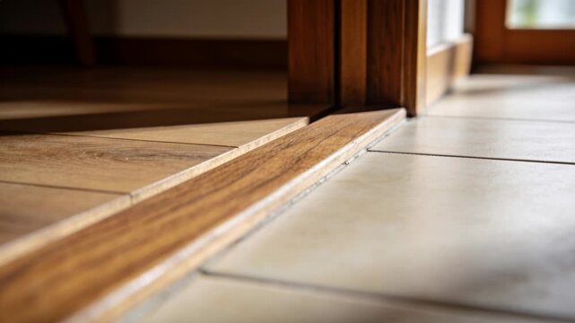 Recording low camera capturing wooden threshold shining at doorway, sunlight moving across tiles