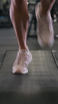 Muscular legs running on the treadmill at the gym. Vertical close-up