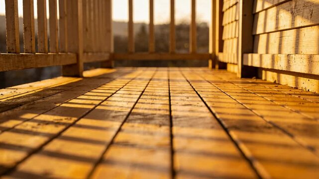 Sliding camera capturing porch planks during golden light, casting railing shadows and shingle wall