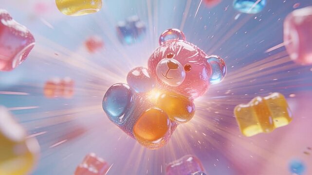 Gummy teddy emitting spark burst from torso, pushing candies outward, showcasing product for ads