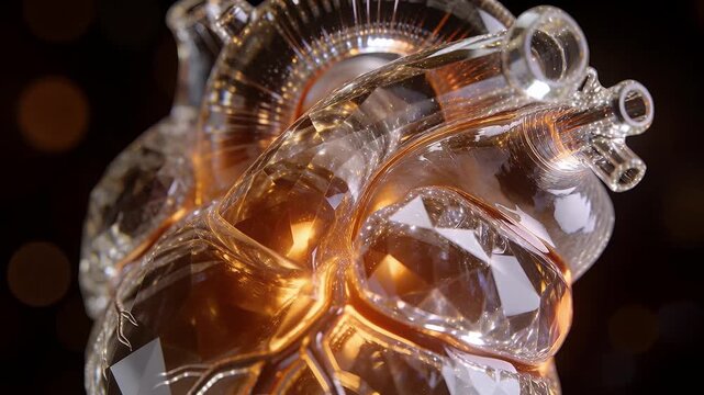 Camera shifting right, showing faceted heart amber glow, refracting and revealing tubes for design